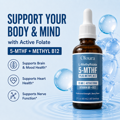 Oloura 5-MTHF L-Methylfolate Liquid Drops with Methyl B12 – 60ml