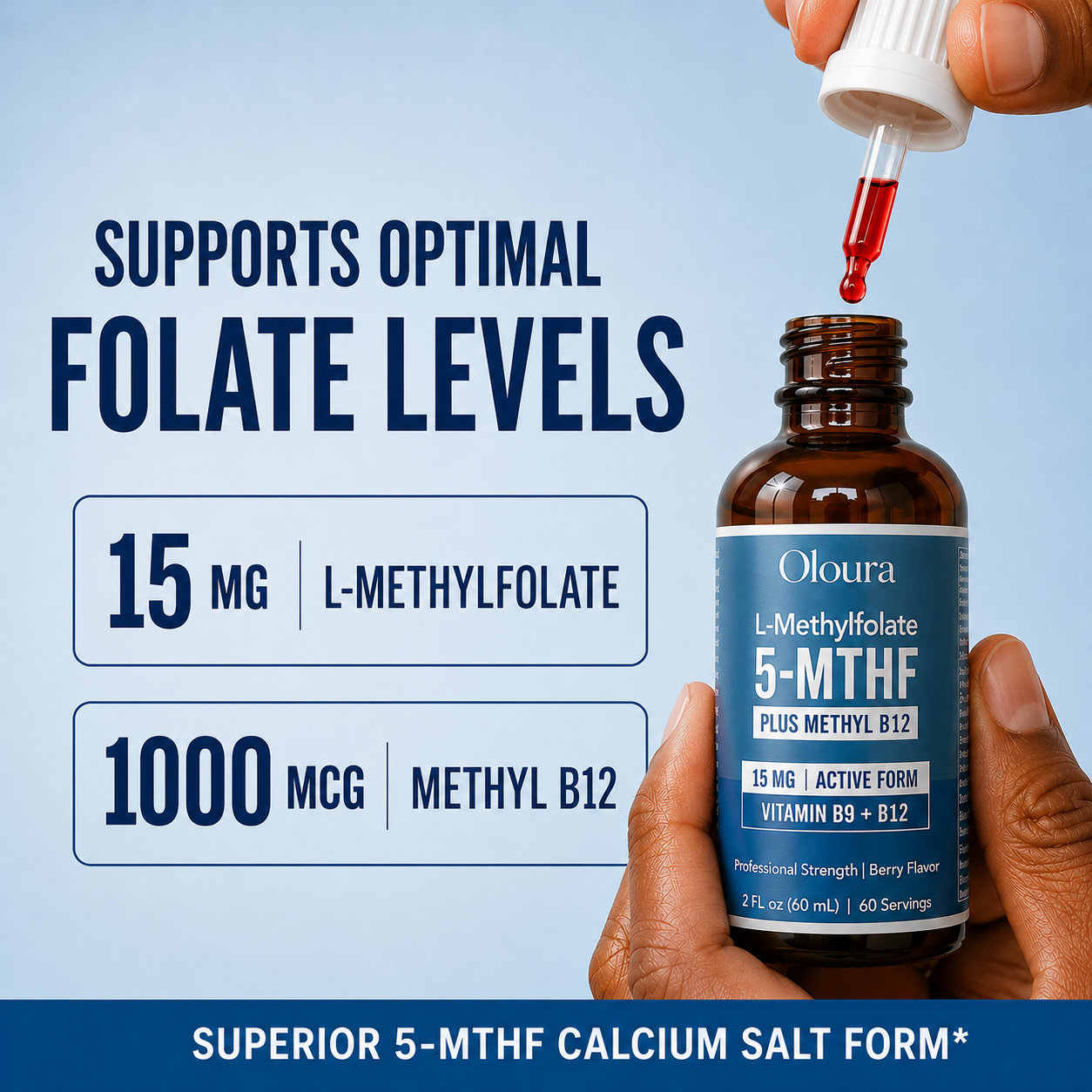 Oloura 5-MTHF L-Methylfolate Liquid Drops with Methyl B12 – 60ml