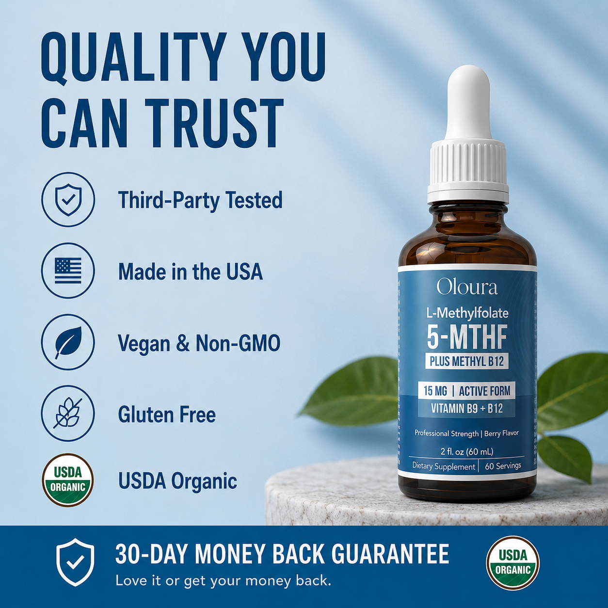 Oloura 5-MTHF L-Methylfolate Liquid Drops with Methyl B12 – 60ml